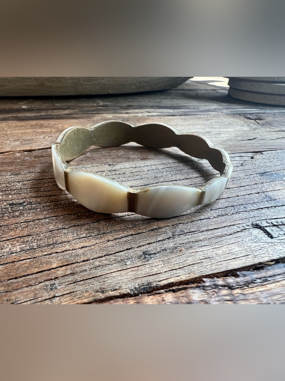 vintage mother of pearl and brass bangle bracelet